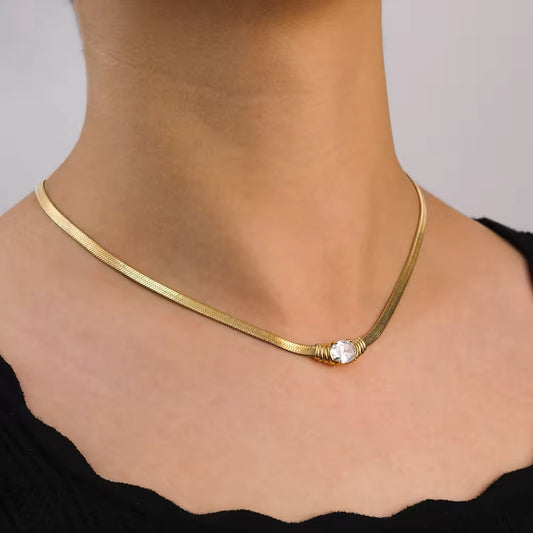 4MM Herringbone Oval Zirconia Pendant Snake Chain Necklace