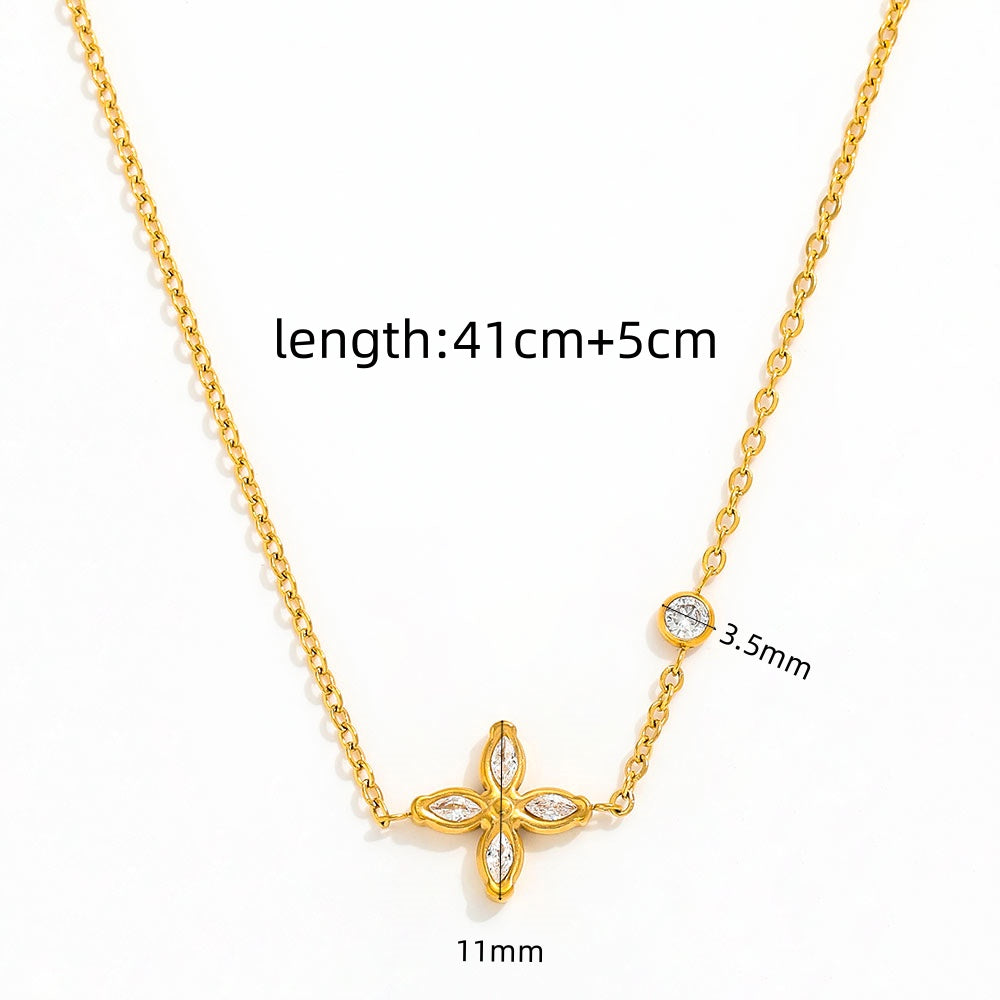 18K Gold Plated Flower Petal Clover Zirconia Pendant Necklace