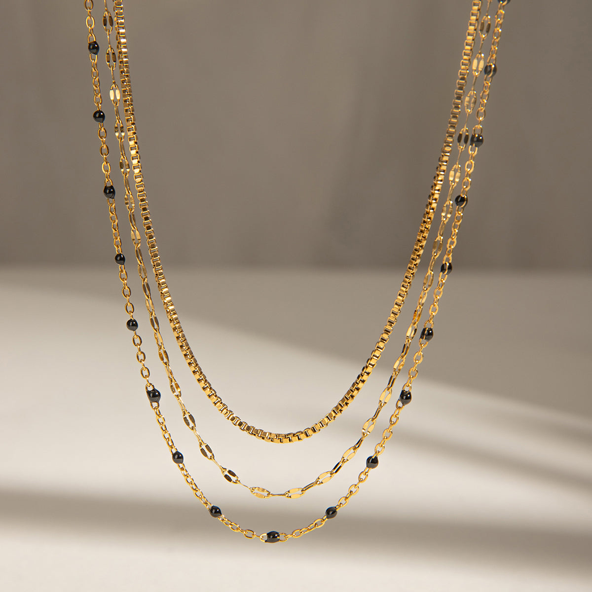 18k Gold Black Bead Layered Chain Necklace