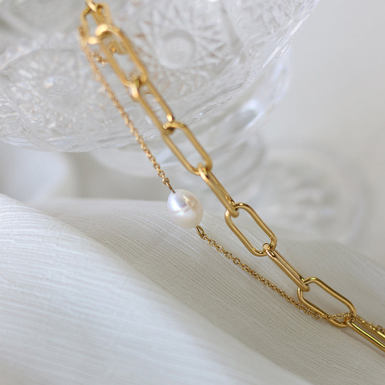 18k Gold Freshwater Pearl Double Layer Chain Bracelet