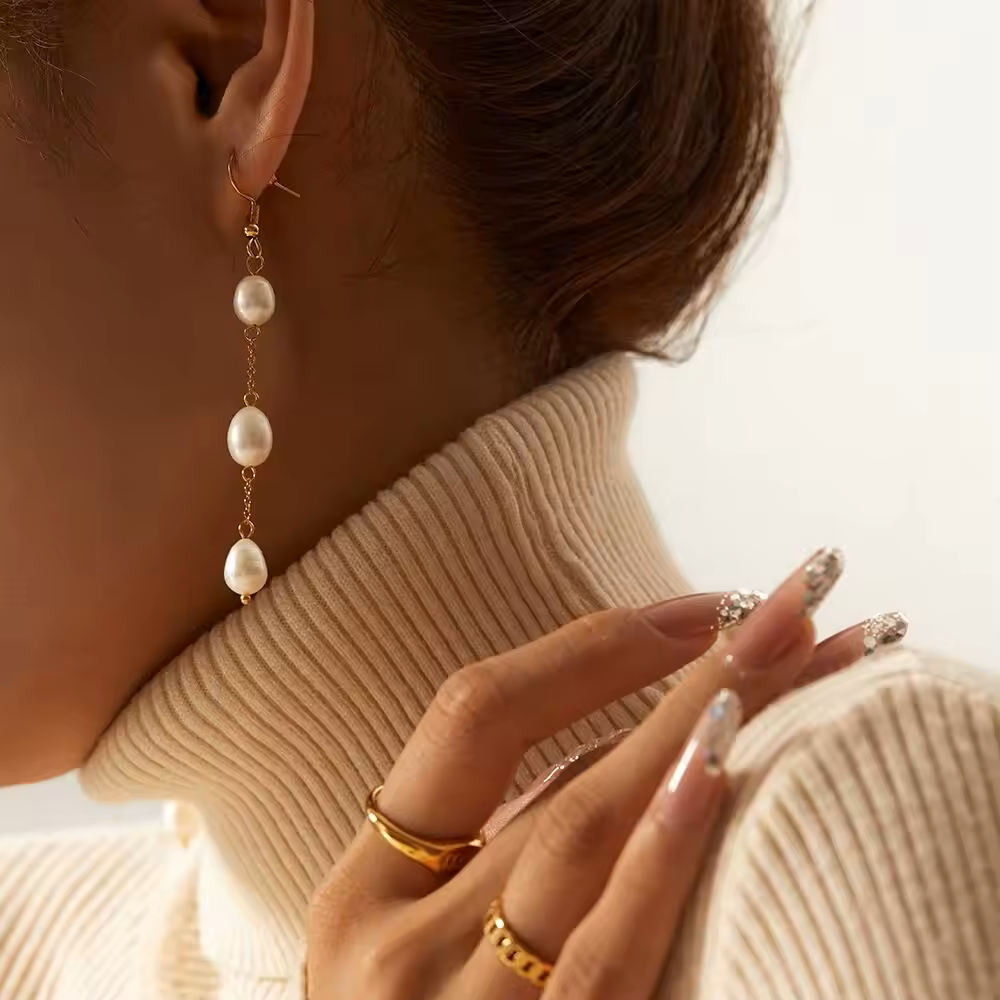 Fresh Water Pear Long Chain Earrings