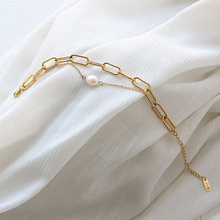 18k Gold Freshwater Pearl Double Layer Chain Bracelet