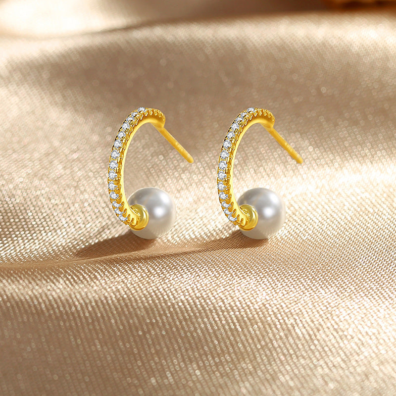 18k Gold Plated CZ and Pearl Open Hoop Earrings