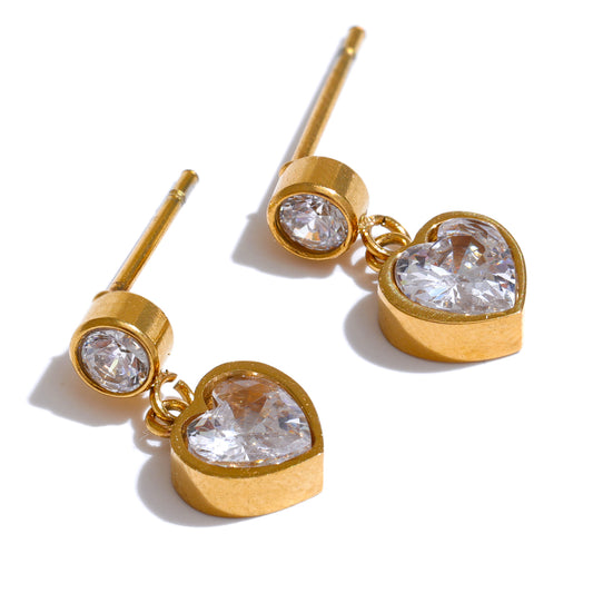 Round Bezel Heart Drop Studs