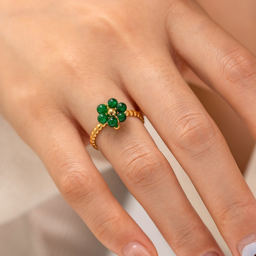18k Gold Plated Green Sunflower Natural Stone Ring