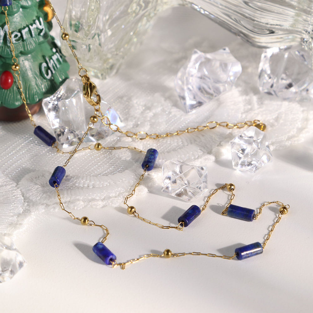 18K GP Blue Natural Lapis Lazuli Stone Bead Necklace