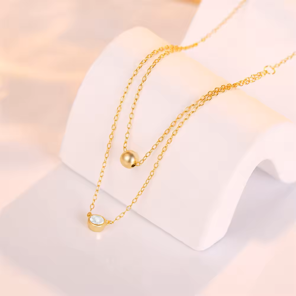 925 Sterling Silver Double-Layer Bead Single Zirconia Pendant Necklace