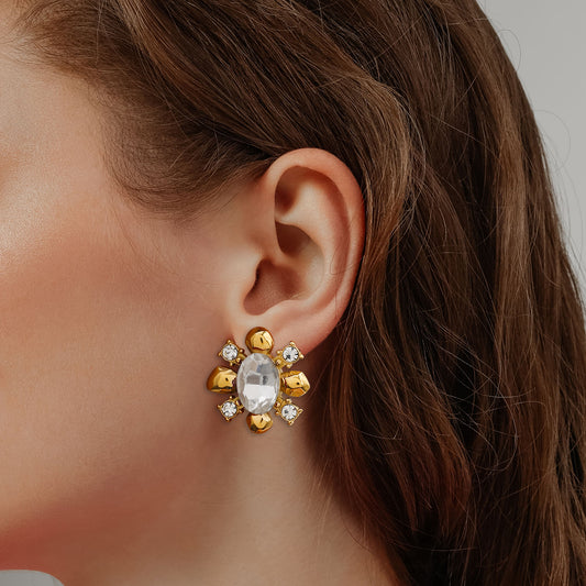 18k Gold Plated Red and White Zircon Flower Earrings