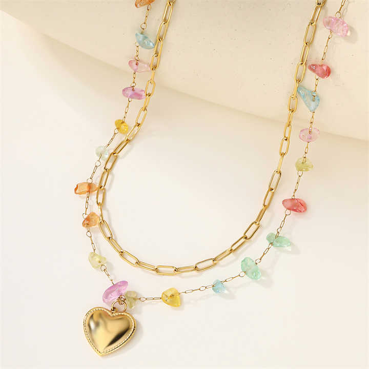 18K Gold Plated with Heart-shaped Colorful Stone Pendant Necklace