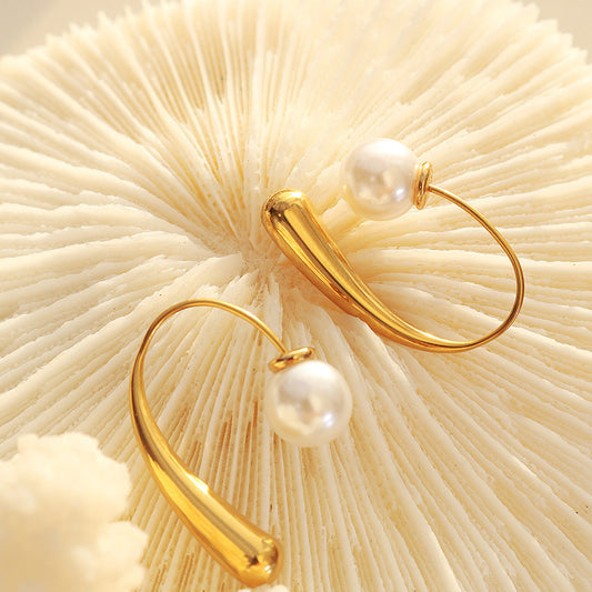 18K GP Geometric Pearl Ear Hook Earrings
