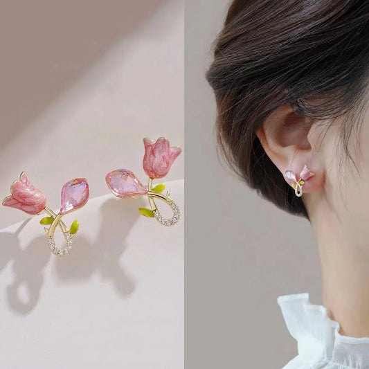 Pink Tulip Cross Earrings