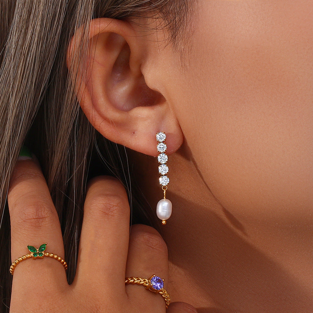 18K GP CZ and Pearl Hanging Earrings