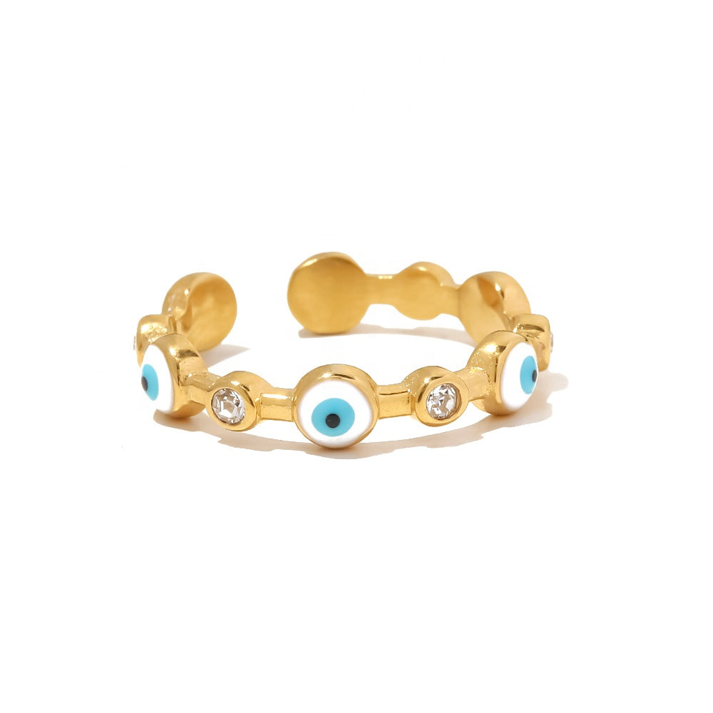 18K Gold Plated Evil Eyes Enameled Clear CZ Ring