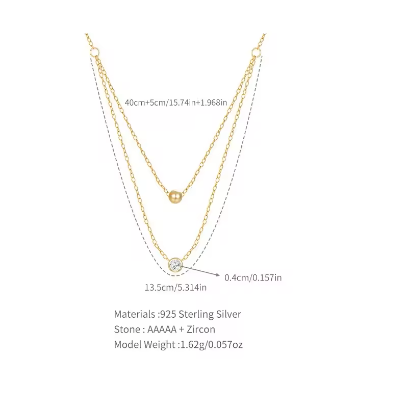 925 Sterling Silver Double-Layer Bead Single Zirconia Pendant Necklace