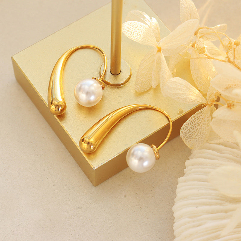 18K GP Geometric Pearl Ear Hook Earrings