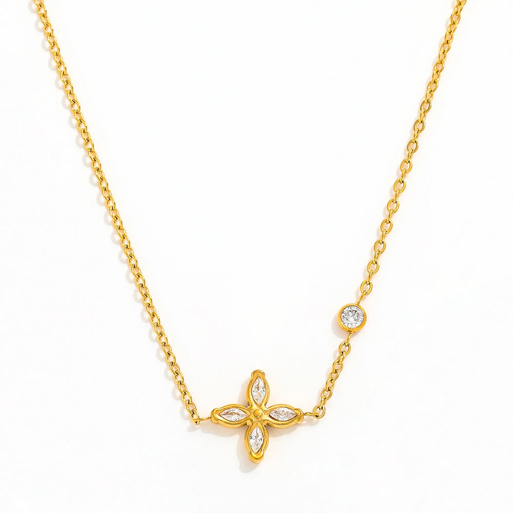 18K Gold Plated Flower Petal Clover Zirconia Pendant Necklace