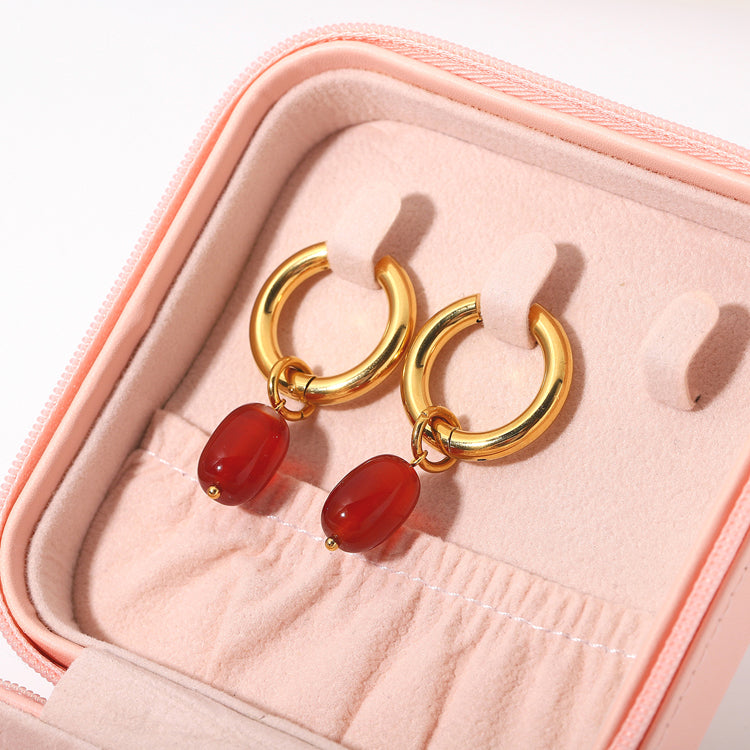 18K Gold Plated Natural Gemstone Ruby Red Agate Earrings