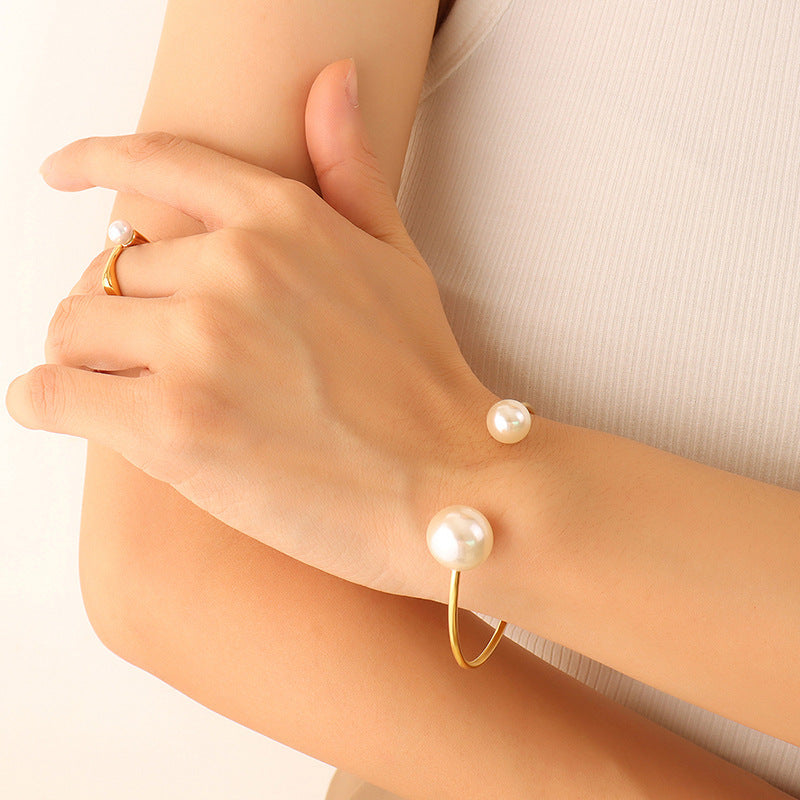 Double Pearl Open Cuff Bracelet