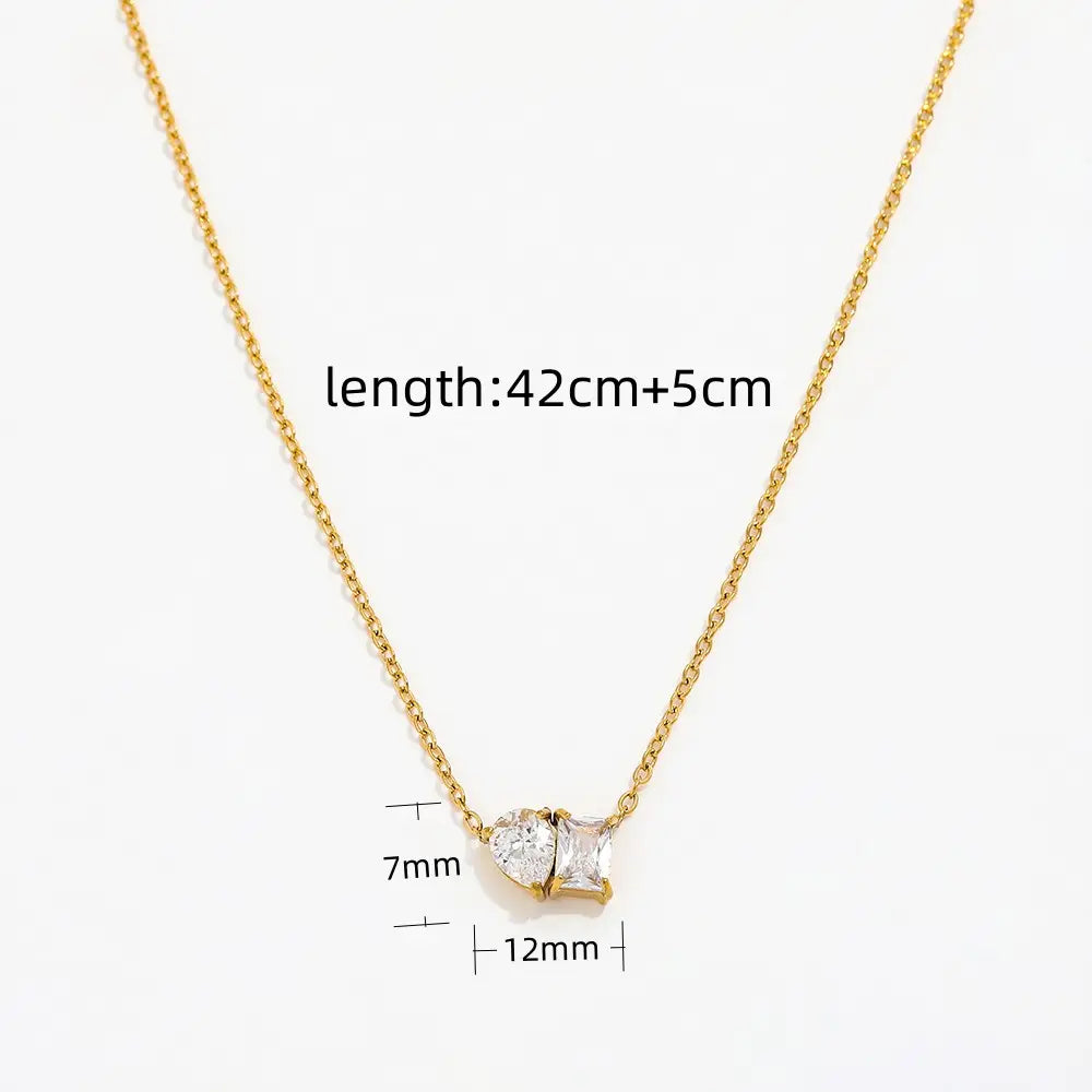 18K Gold Plated Cubic Waterdrop Rectangle Double Zirconia Joint Pendant Necklace