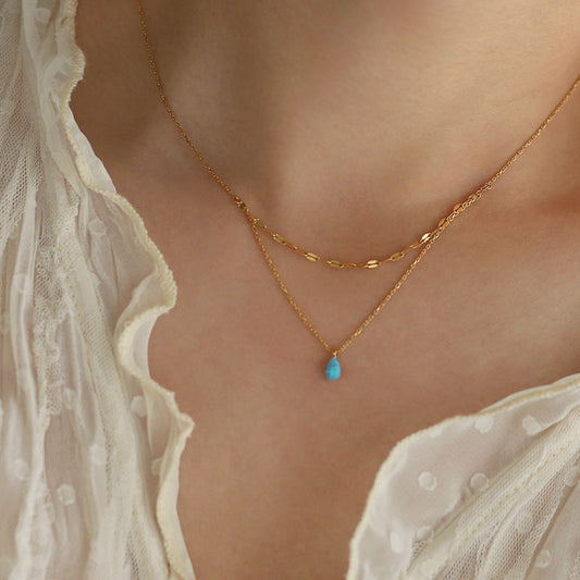 18K GP Aqua Blue Teardrop Pendant Chain