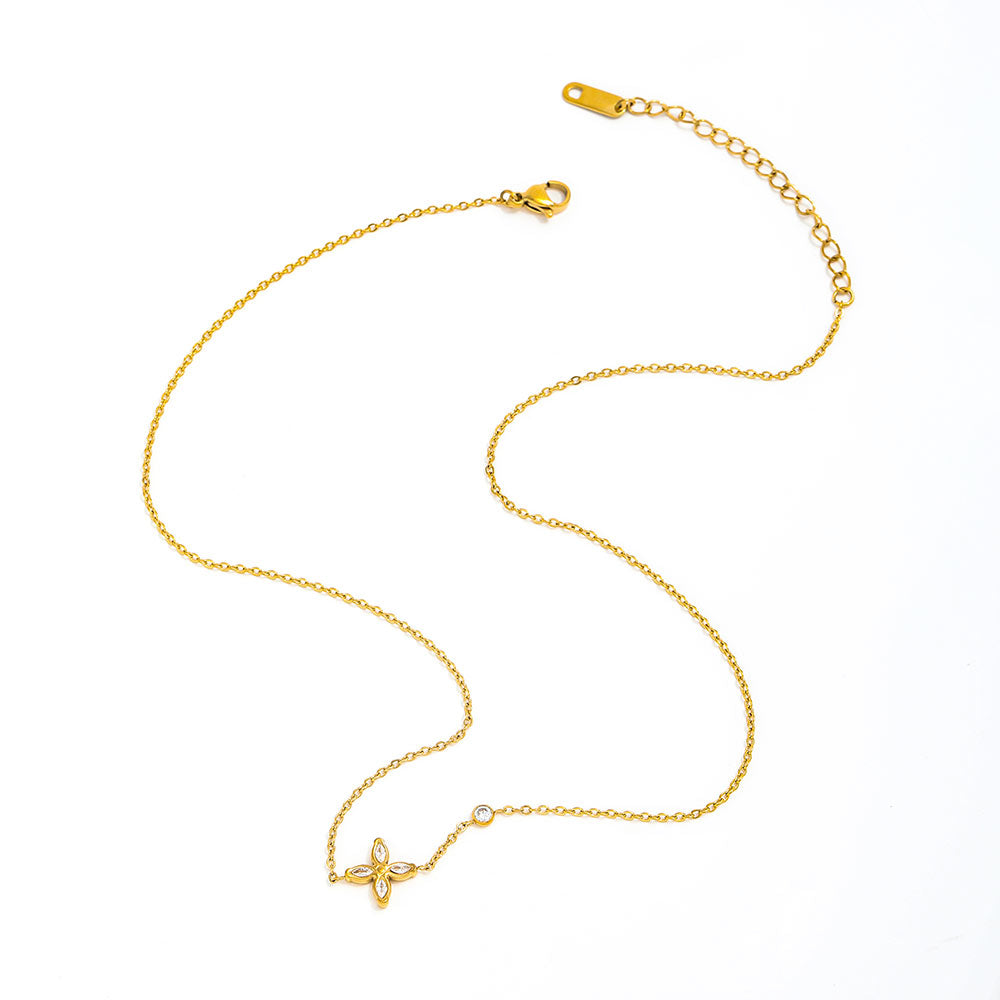 18K Gold Plated Flower Petal Clover Zirconia Pendant Necklace