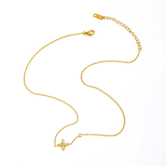 18K Gold Plated Flower Petal Clover Zirconia Pendant Necklace