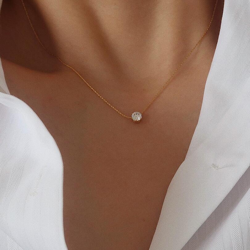 18K Gold Plated Round Zirconia Tiny Dainty Chain Necklace