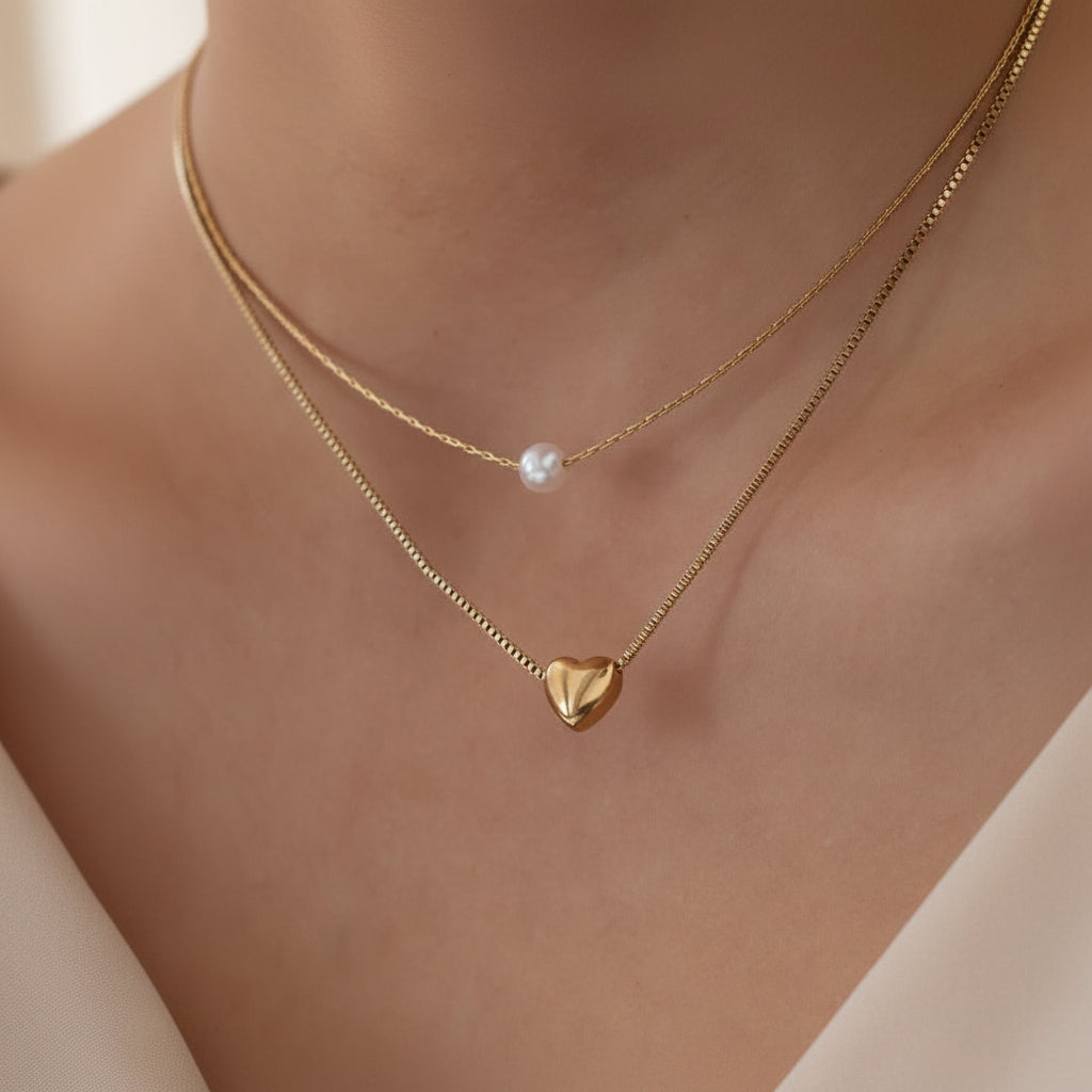 Gold Heart & Pearl Layered Necklace