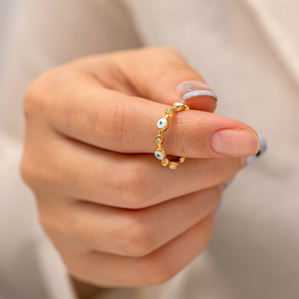 18K Gold Plated Evil Eyes Enameled Clear CZ Ring