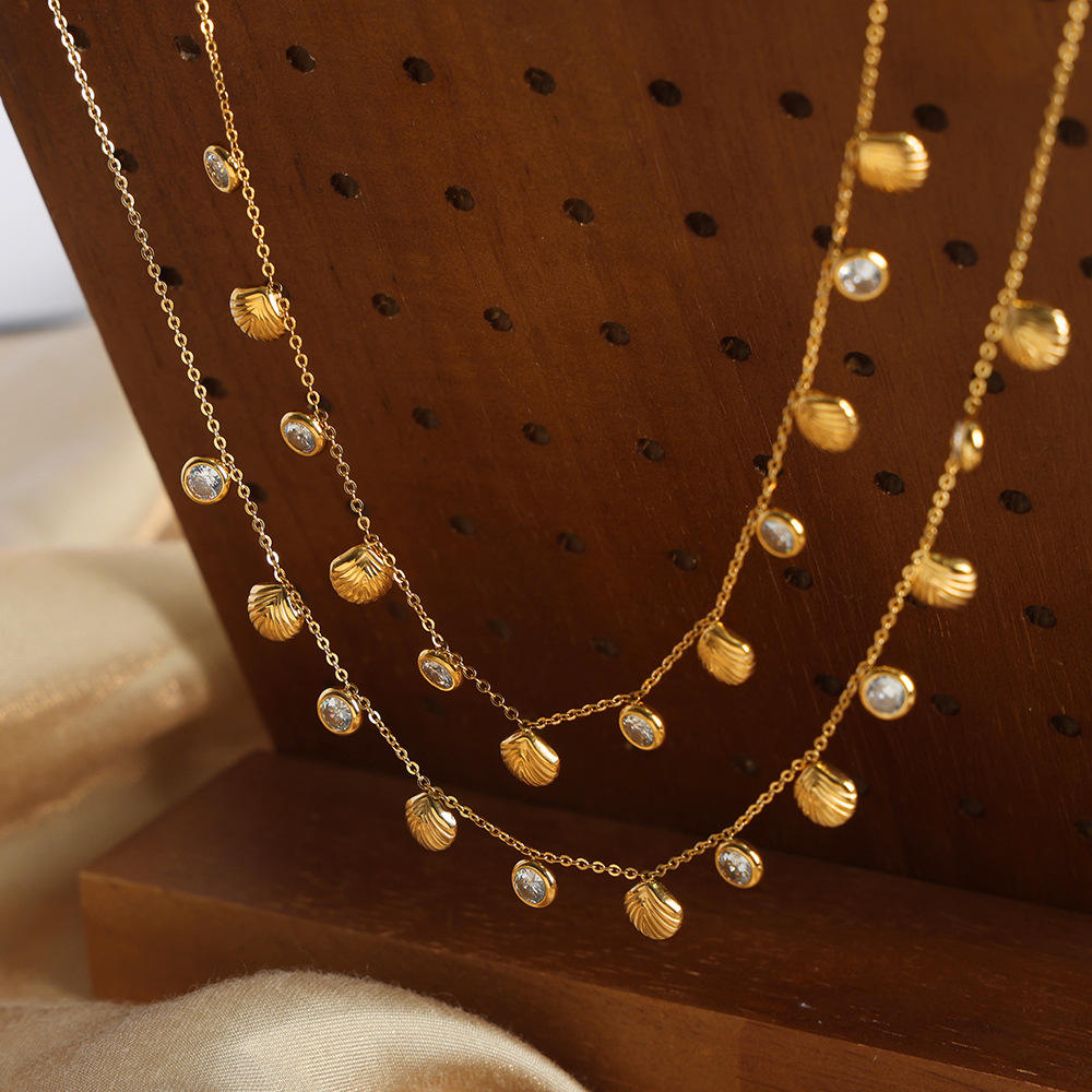 18K GP Shell and Zircon Charm Pendant Necklace