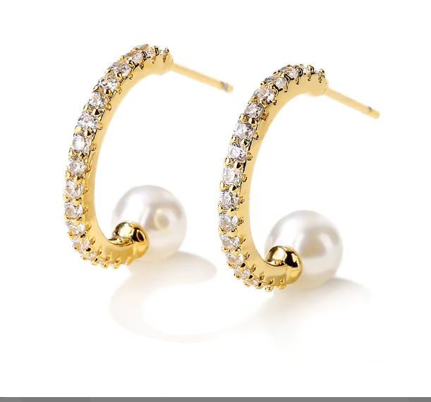 18k Gold Plated CZ and Pearl Open Hoop Earrings