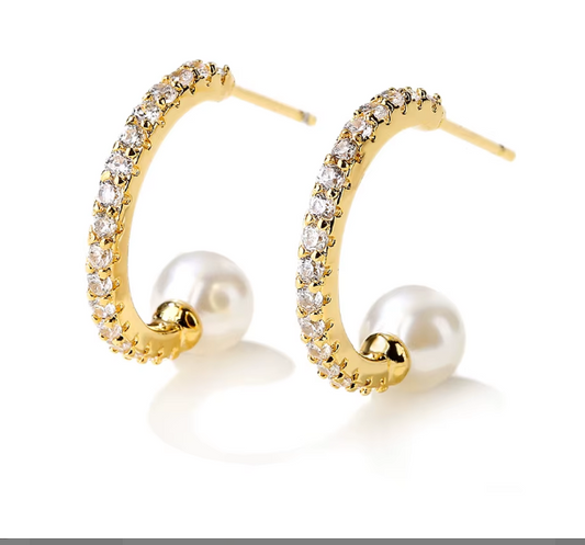 18k Gold Plated CZ and Pearl Open Hoop Earrings