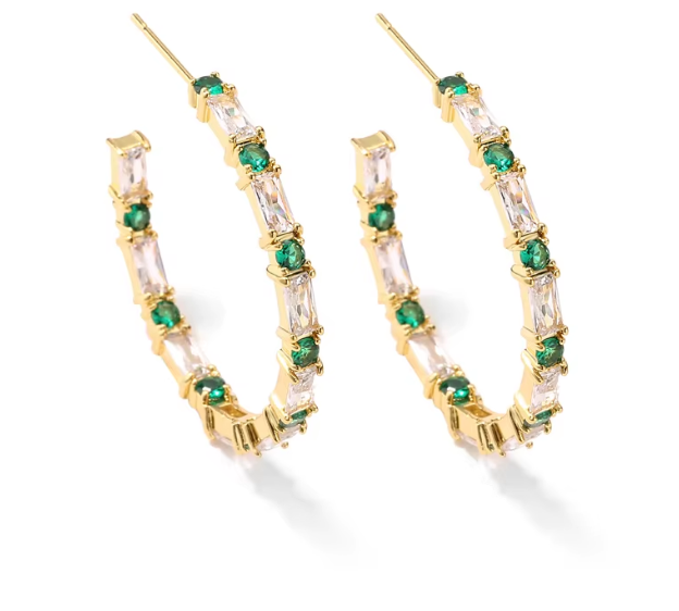 18K Gold Plated CZ and Emarald Open Hoop Earrings