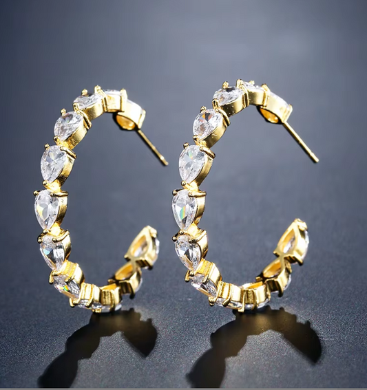 18K Gold Plated CZ Hoop Earrings with Teardrop-Cut