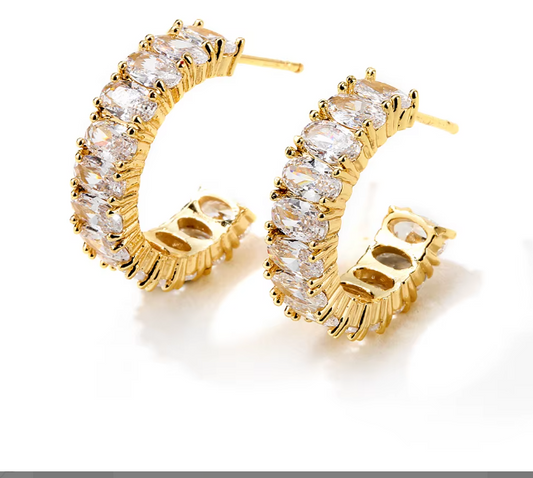 18k Gold Plated Hoop Earrings with Oval-Cut Cubic Zirconia Stones