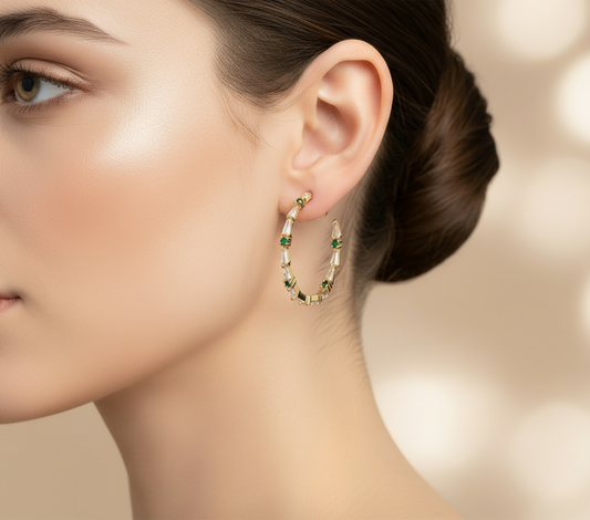 18k Gold Plated Emerald and Baguette Stones Hoops