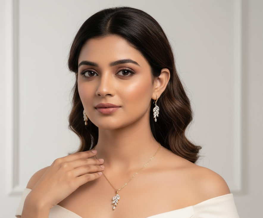 18k Gold Plated Leaf Zircon Dangle Earrings and Pendant Set