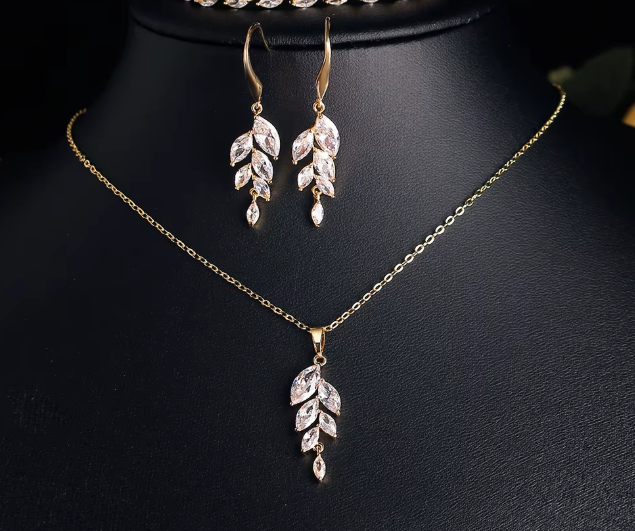 18k Gold Plated Leaf Zircon Dangle Earrings and Pendant Set