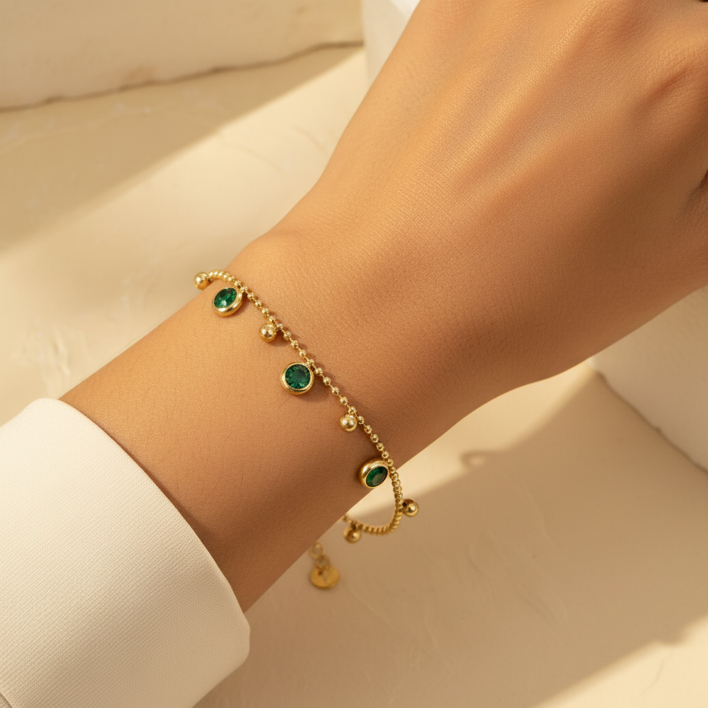 Floating Emerald Crystal Charm Bracelet Model Shot