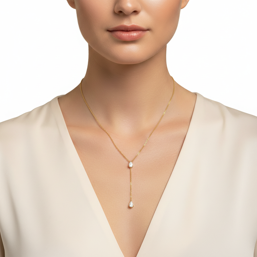 Gold Lariat Necklace Neck Close-Up