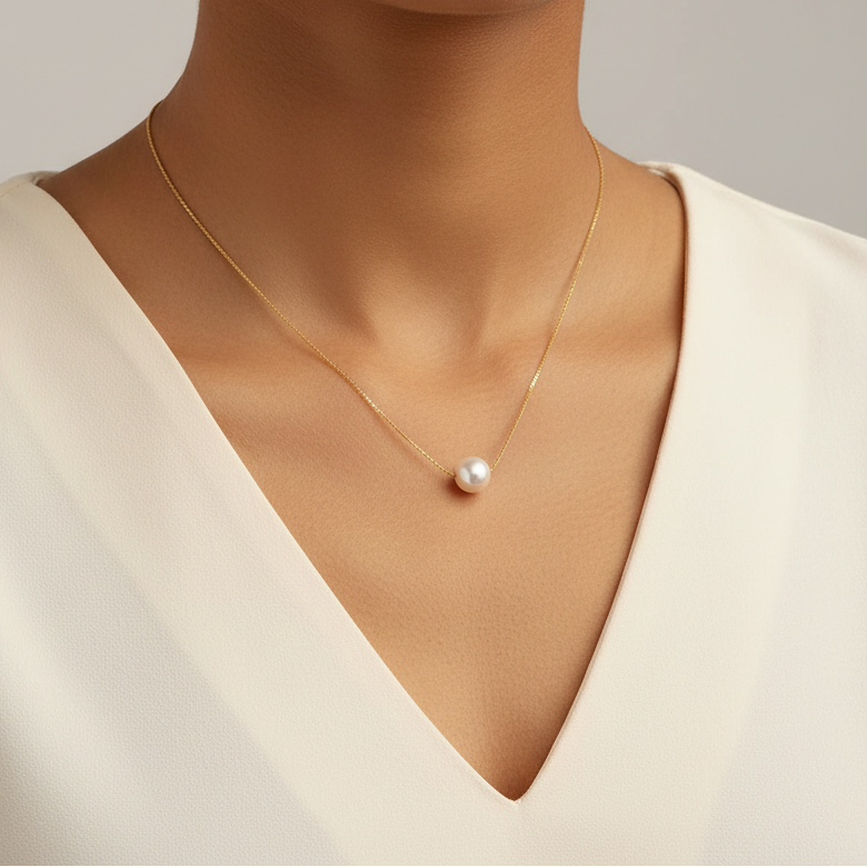 Soleil Pearl Necklace - Neck Close-Up Cream V-Neck