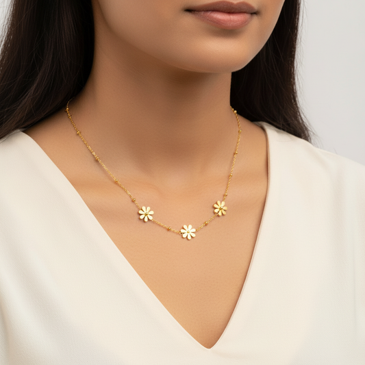 Triple Daisy Charm Necklace - Fair Indian Model